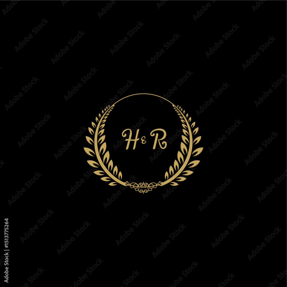 Naklejka premium HR beautiful, feminine and elegant wedding monogram initial logo with circle floral gold