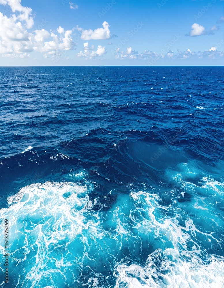 Obraz premium A serene view of the vast ocean stretches out from an open boat, with gentle waves lapping against the hull under a clear blue sky.