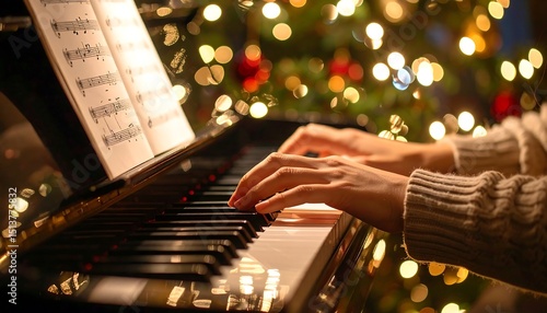 Hands Playing Piano With Sheet Music And Christmas Tree In Background