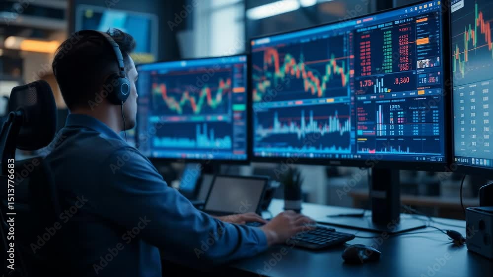 Focused Trader Analyzing Stock Market Data on Multiple Monitors Focused Trader Analyzing Stock Market Data on Multiple Monitors