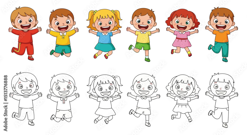 Happy Kids Cartoon and Coloring Page Set – Children Jumping Vector Illustration for Education and Activity Sheets Happy Kids Cartoon and Coloring Page Set – Children Jumping Vector Illustration for Education and Activity Sheets