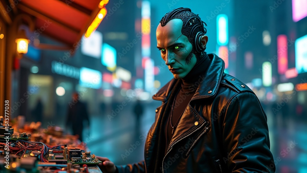 Obraz premium Cyberpunk cityscape man futuristic technology augmented
