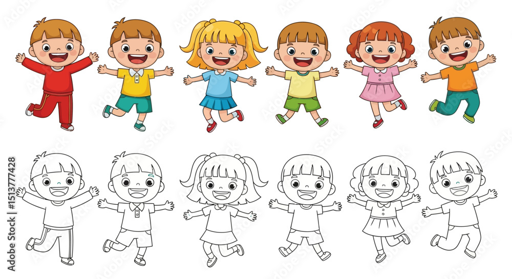 Happy Kids Cartoon and Coloring Page Set – Children Jumping Vector Illustration for Education and Activity Sheets Happy Kids Cartoon and Coloring Page Set – Children Jumping Vector Illustration for Education and Activity Sheets