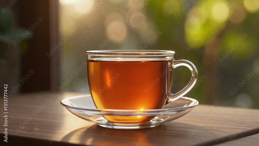Freshly brewed cup of tea in a serene natural setting Freshly brewed cup of tea in a serene natural setting