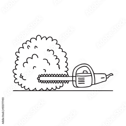 A hedge trimmer beside a trimmed bush