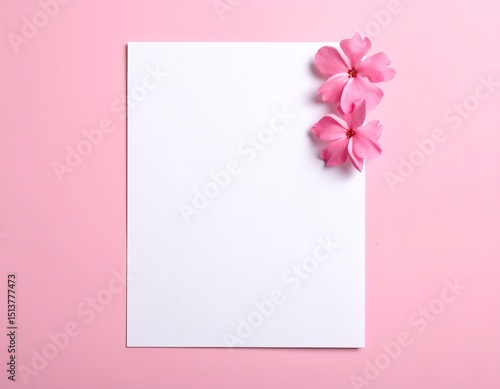 A delicate pink flower rests on a crisp white sheet of paper, creating a serene and minimalist composition with ample copy space for text or design.
