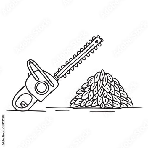 A hedge trimmer lying close to a pile of twigs