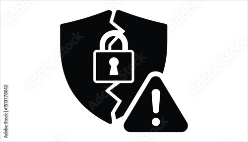 Cybersecurity Breach Vector. Broken Shield with Lock and Warning Icon.