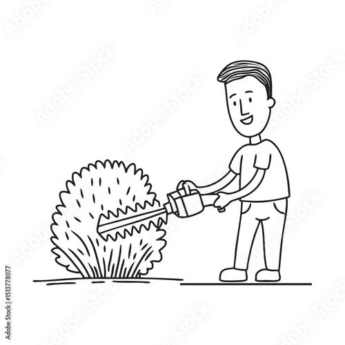 A man with hedge trimmer beside a trimmed bush