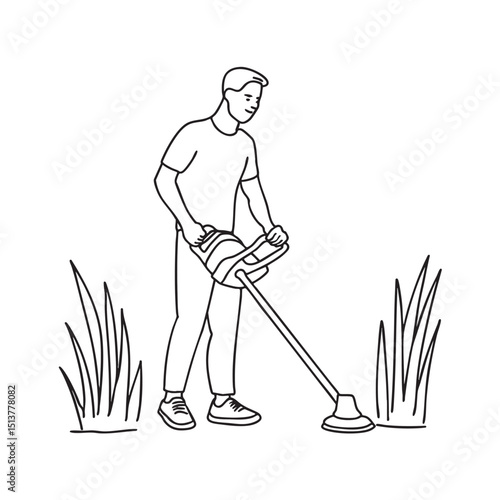 A man with grass trimmer near tall grass
