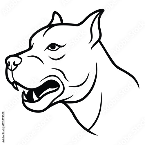 Aggressive pit bull dog head mascot in a black and white line art vector illustration style.