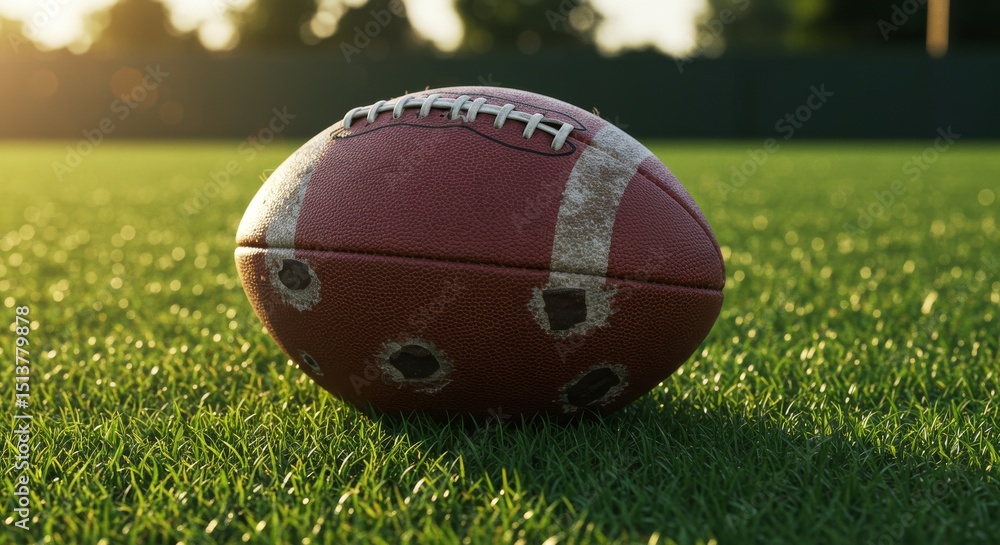 Obraz premium Worn American Football on Grass Field - A well-worn American football rests on a lush green grass field, symbolizing perseverance, resilience, dedication, competition, and victory
