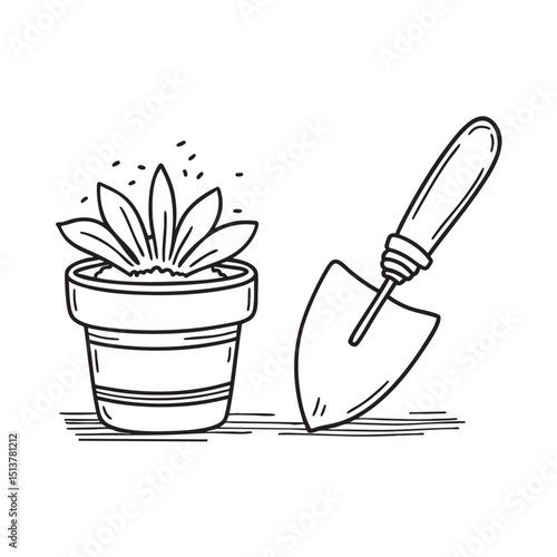 A flower pot next to a trowel