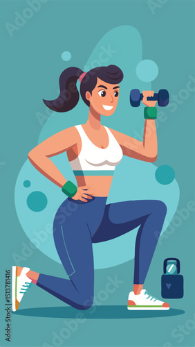 Fit woman lunging while lifting a dumbbell during a workout routine illustration