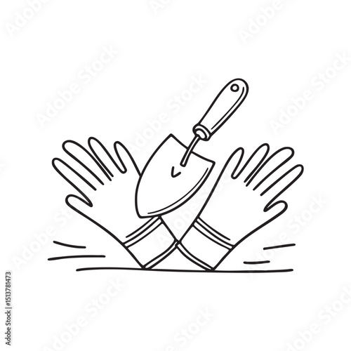 A pair of garden gloves near a trowel