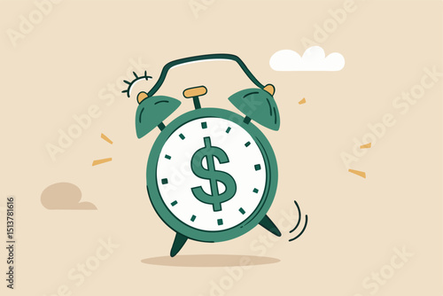 Time for money, making profit from investment, promotion alert for bargain deal, bill payment or deadline to start building wealth concept, ringing alarm clock with dollar money sign on clock face.