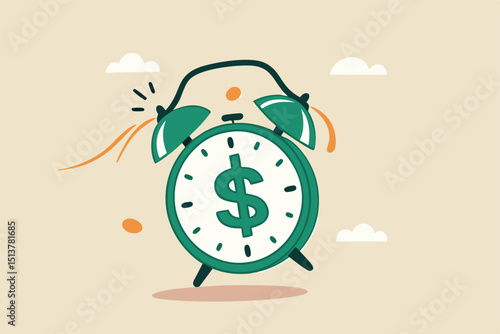 Time for money, making profit from investment, promotion alert for bargain deal, bill payment or deadline to start building wealth concept, ringing alarm clock with dollar money sign on clock face.