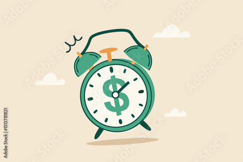 Time for money, making profit from investment, promotion alert for bargain deal, bill payment or deadline to start building wealth concept, ringing alarm clock with dollar money sign on clock face.