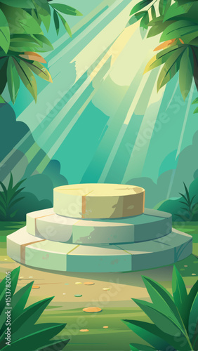 Lush jungle scene with a stone pedestal and sunlight illuminating the forest