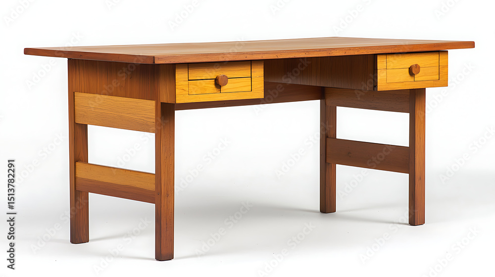 A wooden desk with two drawers and a white background A wooden desk with two drawers and a white background