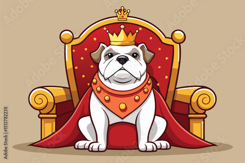 Majestic english bulldog wearing a crown and royal cape sitting on a throne