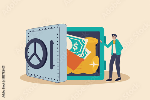Alternative financial assets, crypto currency bitcoin, cash and gold for investment retirement plan concept, businessman investor standing with security safe with full of cash, gold and bitcoin inside