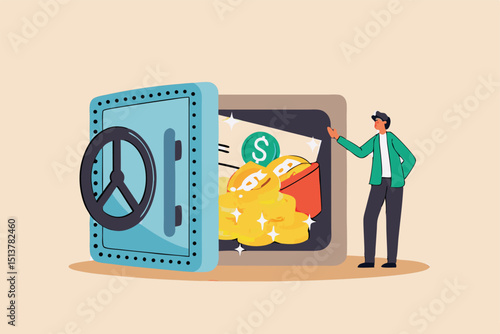 Alternative financial assets, crypto currency bitcoin, cash and gold for investment retirement plan concept, businessman investor standing with security safe with full of cash, gold and bitcoin inside