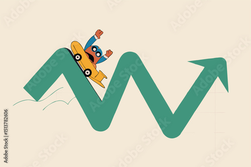 Investment volatility metaphor of riding roller coaster, financial stock market fluctuation rising up and falling down concept, people investors riding roller coaster on fluctuated market chart.