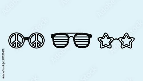 Trendy Funky Sunglasses Icon Set . Peace Sign, Star, and Shutter Shades Vector Isolated on Blue.