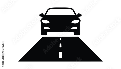 Front View Car Icon on Road Silhouette Vector Illustration