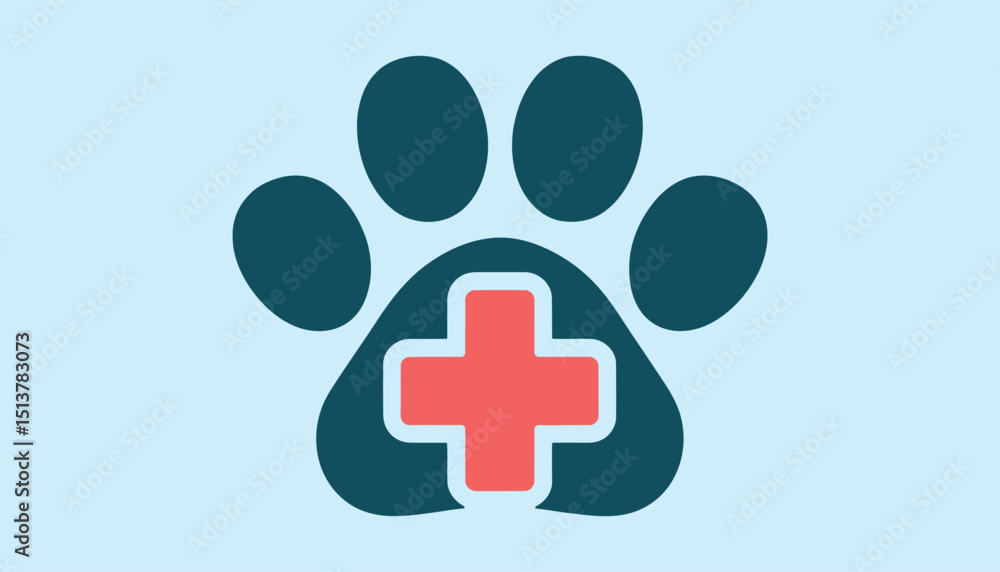Fototapeta premium Veterinary Paw Print Icon with Medical Cross. Pet Clinic and Animal Care Symbol Vector.