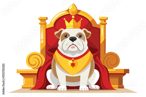 Royal bulldog in golden crown sitting proudly on a throne in a luxurious cartoon illustration