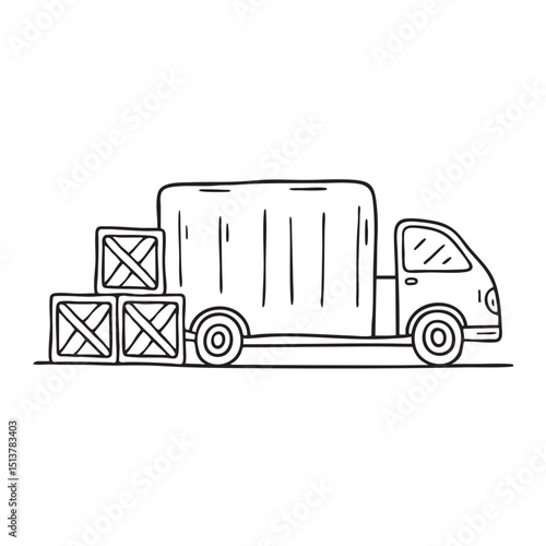 A truck beside a stack of crates
