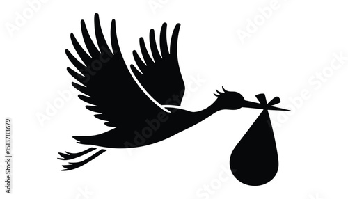 Flying Stork with Baby Bundle Silhouette. Birth Announcement Vector Illustration.