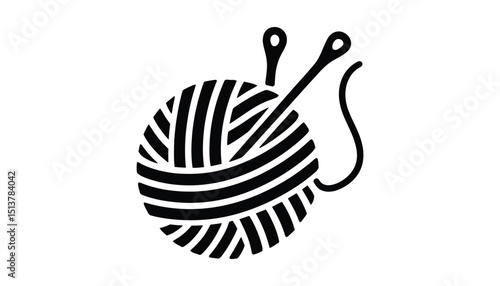 Knitting Yarn Ball Icon with Needles. Black and White Vector Illustration.
