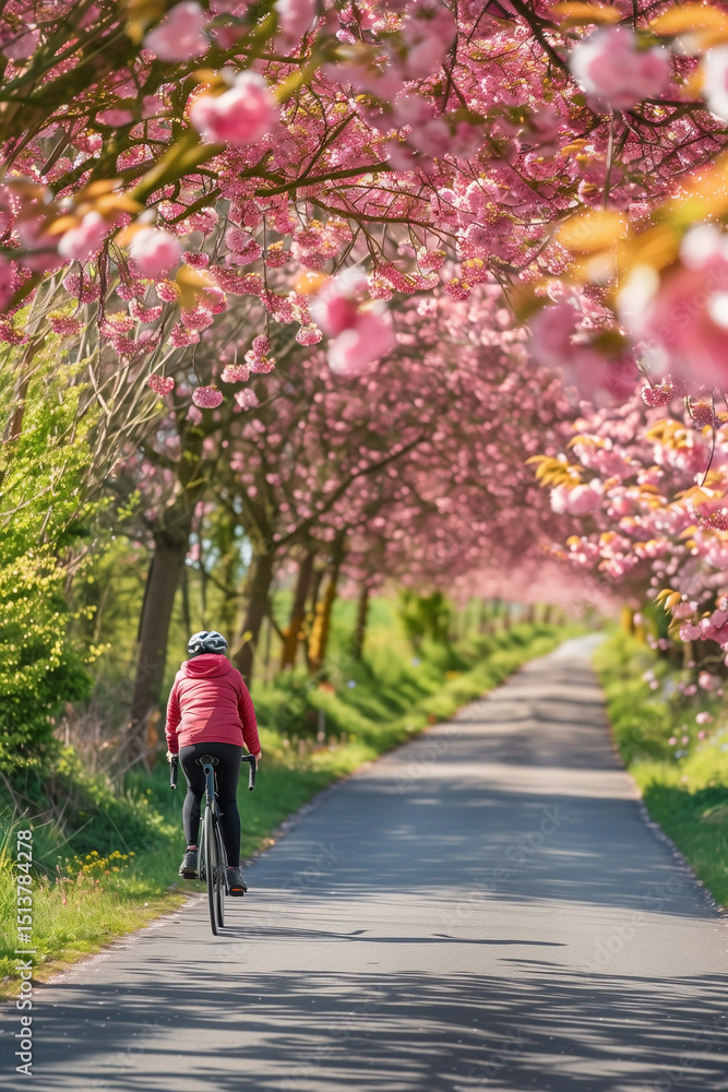 Obraz premium Cycling through a picturesque road canopied by blooming cherry blossom trees, a serene scene blending recreation and natural beauty.
