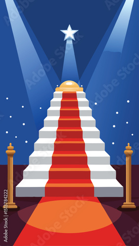 Vector illustration of red carpet stairs leading to a golden award and star