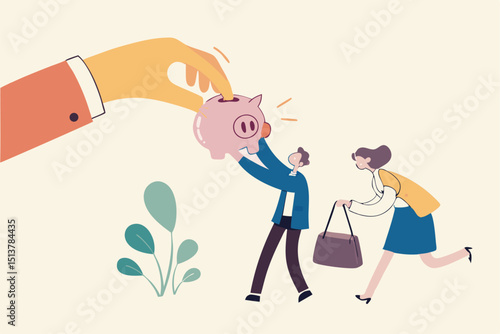 Protect retirement pension money from fraud, ponzi scheme or cost and tax that impact retiree investment fund concept, senior grandparent couple pull back their piggy bank money from thief hand.