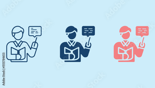 Teacher Icon Vector Set.  Instructor with Book and Speech Bubble Illustration.