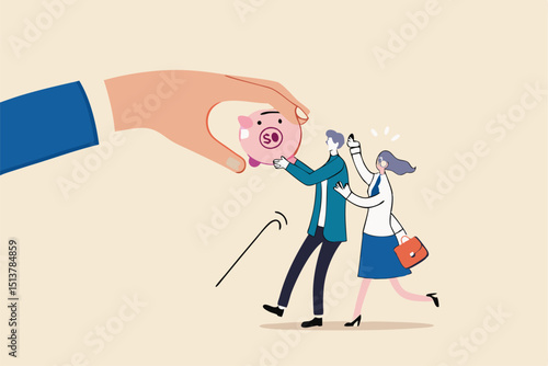 Protect retirement pension money from fraud, ponzi scheme or cost and tax that impact retiree investment fund concept, senior grandparent couple pull back their piggy bank money from thief hand.