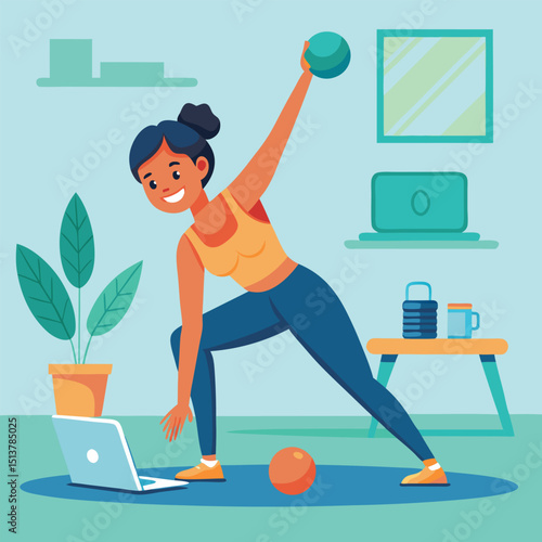 Woman exercising at home with a laptop following online workout routine
