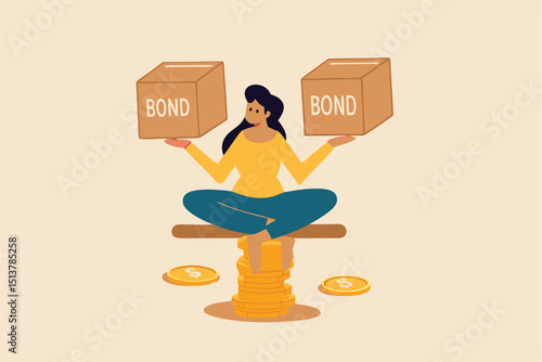 Diversify portfolio investment, rebalance between stocks and bonds, passive invest wealth accumulate concept, intelligent woman keep calm sitting on stack of money coins balancing stock and bond boxes