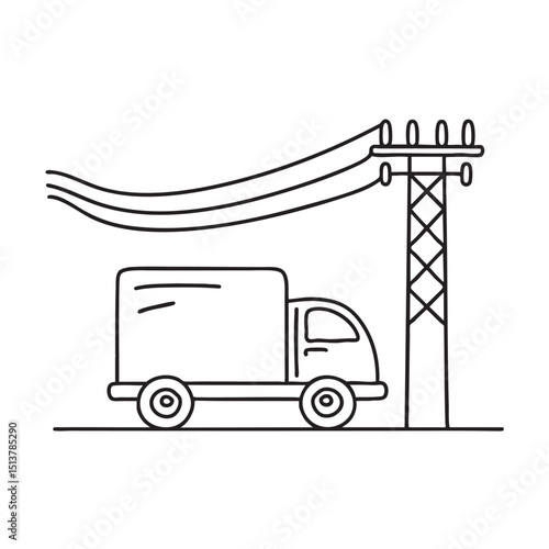 A truck situated beneath power cables
