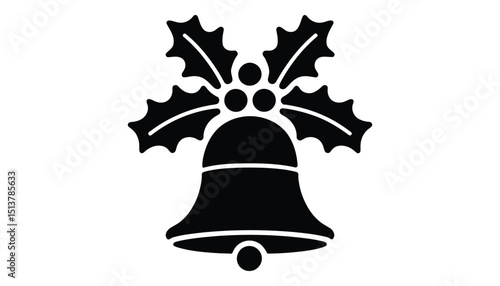 Christmas Bell Icon. Holiday Silhouette Vector with Holly Leaves and Berries.