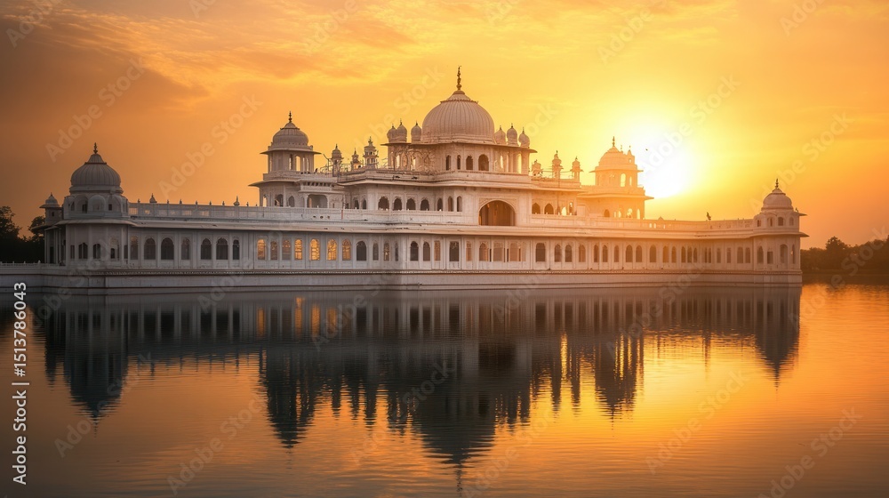 Fototapeta premium Grand Indian palace by the lake, domes and arches, Mughal architecture, golden sunset reflection