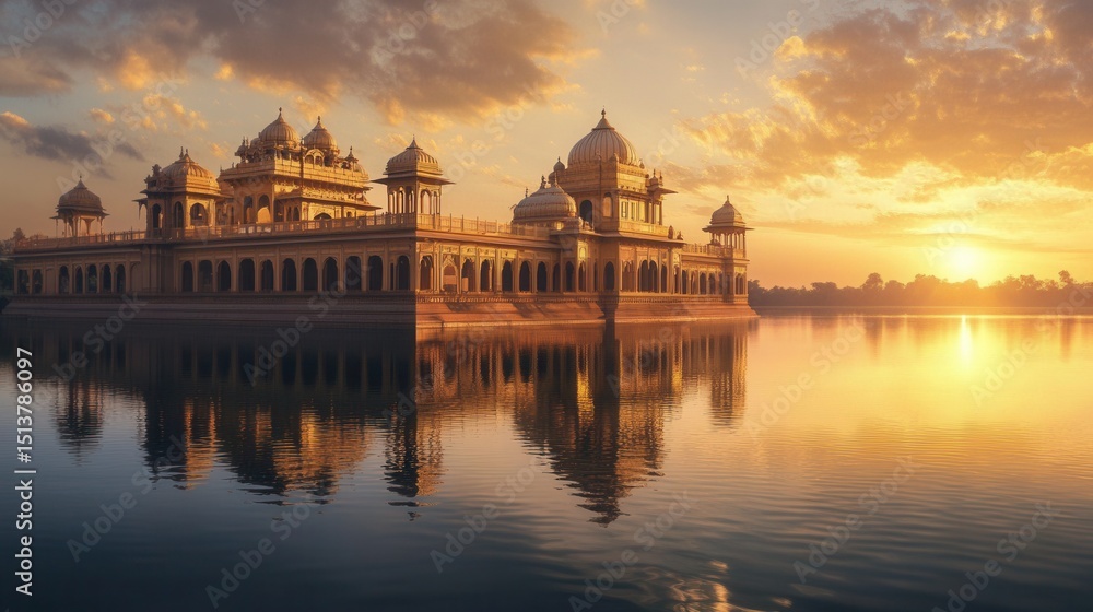 Fototapeta premium Grand Indian palace by the lake, domes and arches, Mughal architecture, golden sunset reflection 