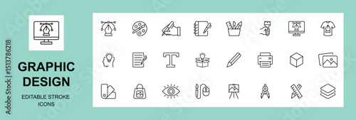 Graphic design thin line icons set. Graphic design editable stroke icons. Vector illustration. Digital art, creativity, drawing, portfolio, idea symbol, Vector illustration.