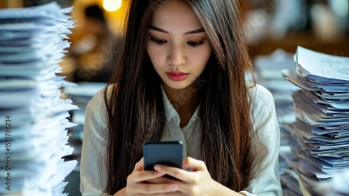 Focused young woman looks at her phone with stacks of papers around, in an office setting.