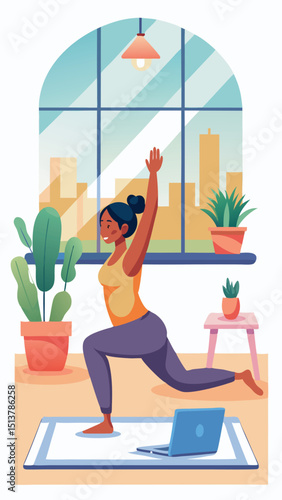 Woman practicing yoga online at home with laptop and houseplants for wellness