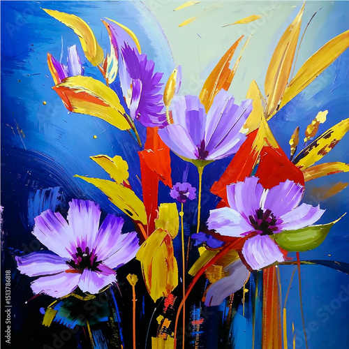 Abstract painting of blue flowers for interior decoration, art art, creative oil painting, flowers, broad strokes of paint